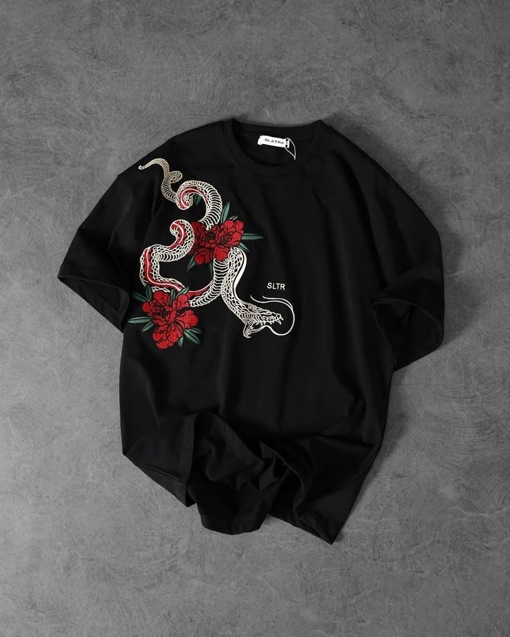 Serpent Bloom Graphic Oversized T-Shirt – Black